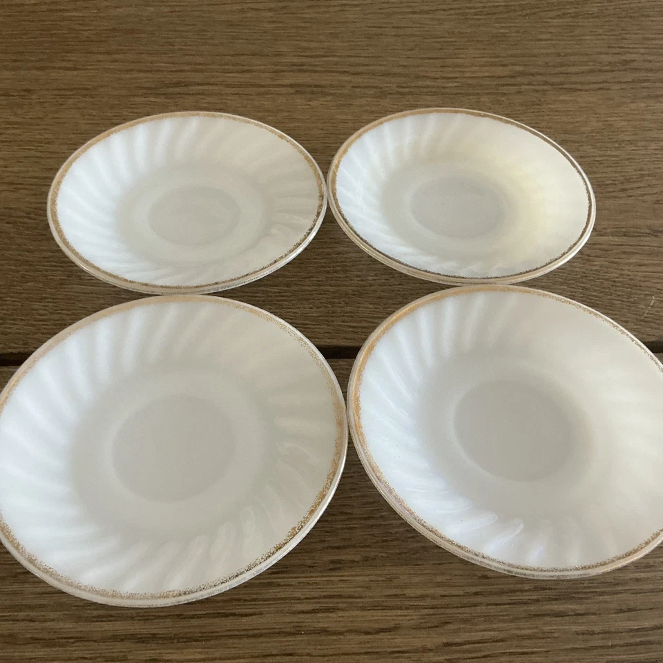 Set of 4 Anchor Hocking Fire-King Milk Glass Swirl White Gold Saucers-Made In US - Image 1 of 4