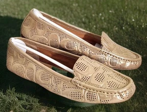 🌞COACH PAT PEARLSCENT GOLD LEATHER C-LOGO LOAFERS FLATS SHOES SZ 7, 7.5🌺NIB! - Picture 1 of 19
