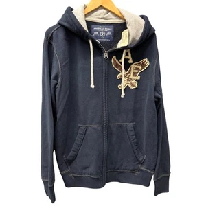 American Eagle Hoodie Mens Large Blue Full Zip Jacket Fleece Lined Logo Hit NEW - Picture 1 of 8