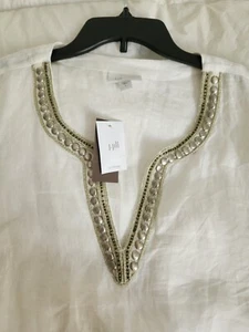J. Jill Blouse Love Linen Tunic/ Top White 3/4 Sleeve Split Neck Gold Size L - Picture 1 of 10