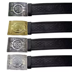 Kilt Belt Buckle Celtic Knot Thistle Embossed Real Leather Belt Black - Picture 1 of 4