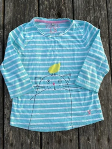 Joules ~ Girls Aqua and White Cat and Bird 3/4 Shirt ~ Size 7-8 - Picture 1 of 6