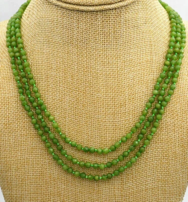 3 rows 4mm Faceted green peridot gemstone Round beads Fashion Necklace 17-19'' - Image 1 of 3