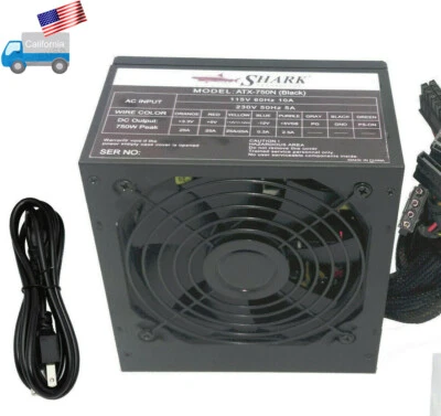 SHARK 750W Black Gaming PC 6/8-pin PCIe 120mm Fan ATX 12V Power Supply w/AC Cord - Image 1 of 4