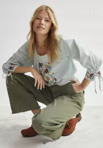 Anthropologie NWT $130 Embroidered Beaded Puff Sleeve Striped Boho Blouse Shirt - Picture 1 of 4