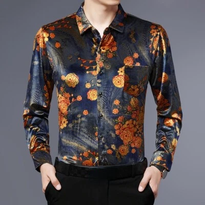 Flower Velvet Floral Men Blouse Shirt Tops Casual Printed Jacket Chinese - Image 1 of 4