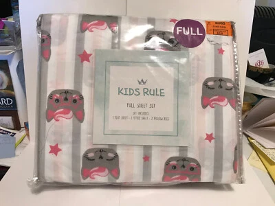 Juego completo de sábanas Kids Rule KITTY CAT STRIPE STAR ~ rosa, gris, negro, blanco nuevo Foto 1 de 4