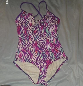 Beach Lingo Girls Bathing Suit Size 16 One Piece Purple Multicolor Ruffle Front - Picture 1 of 9