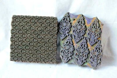 Bloque molde de impresión textil de madera hecho a mano vintage antiguo de 2 piezas decoración antigua Foto 1 de 4