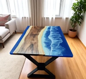 60"x30" Blue Wave Epoxy Resin Dining Table Acacia Wooden Live Edge Conference - Picture 1 of 9