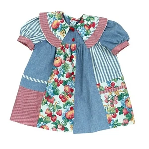 Little Precious Vintage Girls Patchwork Chambray Dress Fruit Print Sz 4T Summer - Picture 1 of 8
