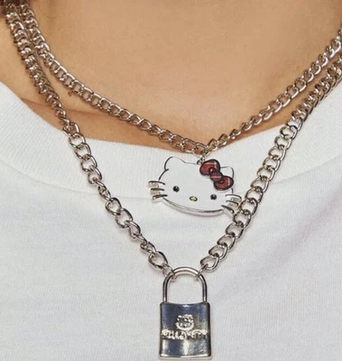 Collar en capas Hello Kitty cara de gatito con arco cadena de 18 pulgadas pesado Foto 1 de 4