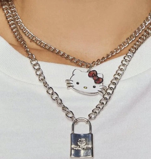 Hello Kitty layered Necklace silver lock kitty face with bow 18-inch chain heavy - Image 1 of 4