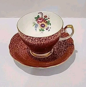 Gladstone Bone China Teetasse & Untertasse Rot Gold Spitze & Blumen EUC - Bild 1 von 15