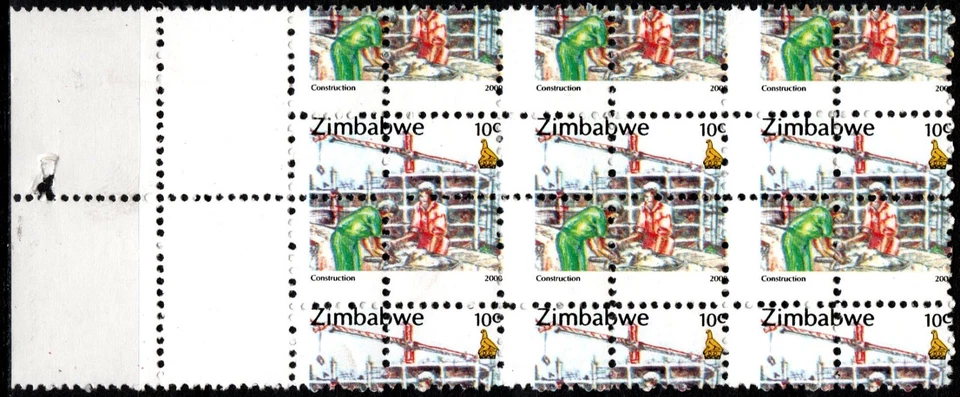 Zimbabwe 2000 Defs marginal block x6  10c w/huge perf shift SG1005 MNH (Br2185) - Image 1 of 2
