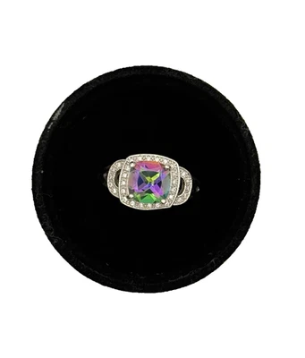 Mystic Topaz Halo Ring Sterling Silver Cushion 9mm Split Shank Sz 8 NVCB3 - Image 1 of 4