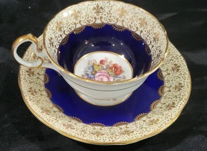 Aynsley J. Taza y platillo dorado azul cobalto rosa flores A. Bailey - Imagen 1 de 7