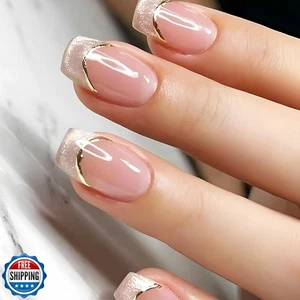 French Tips Press on Nails 24 Stück Glossy Gold Curve Line Short Square False Na - Bild 1 von 5