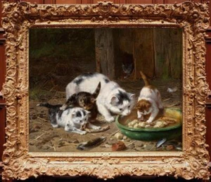 Handmade Old Master-Art Antique Oil Painting Animal cats kittens on canvas - Picture 1 of 2