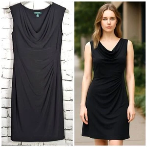 LAUREN RL Stretch Jersey Knit Dress Draped Ruched LBD Flattering Capsule Size 12 - Picture 1 of 8