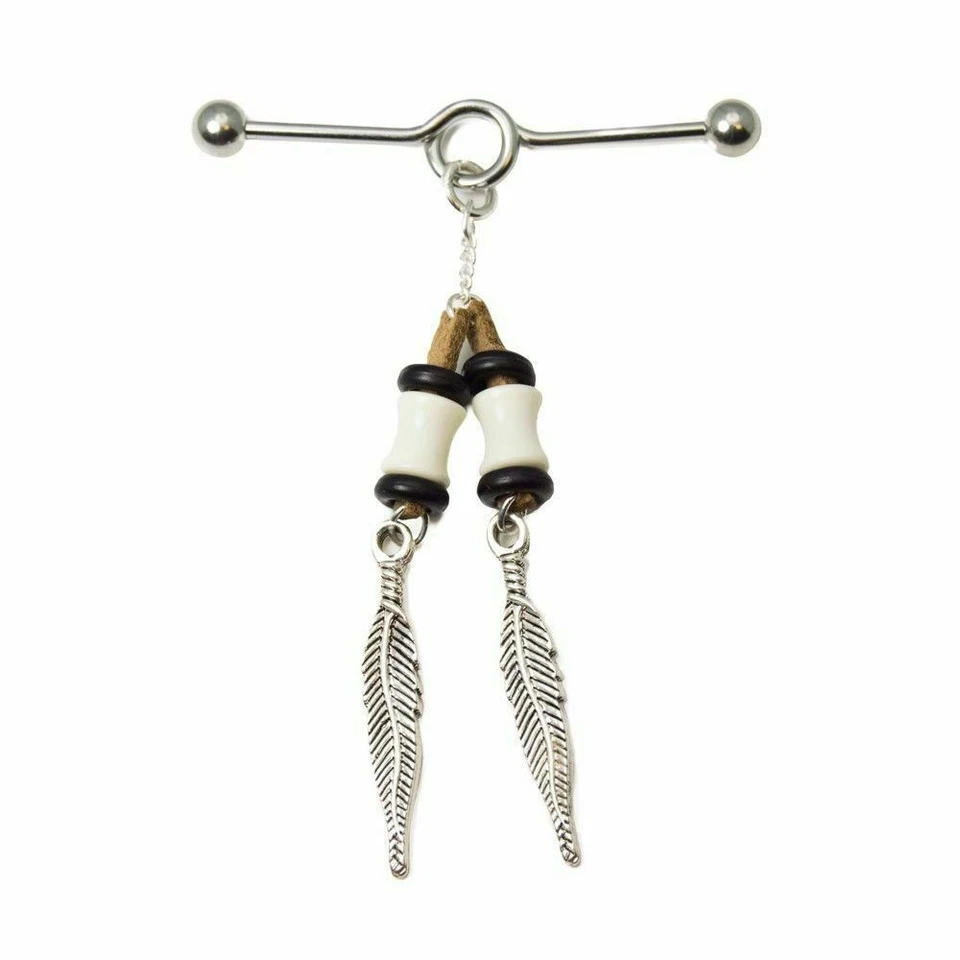 Industrial Barbell Jewelry 14G 1 1/2"  With Rhodium Plated Feathers Dangle - Image 1 of 1