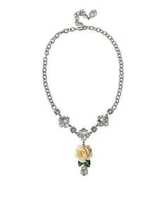 Dolce&Gabbana Women Silver Statement Necklace Brass Crystal Floral Charm Chain - Picture 1 of 5