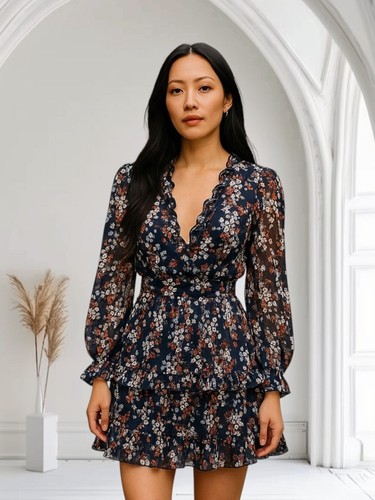 VALENTINO Saints + Secrets M mini abito donna blu floreale con volant schiena aperta festa