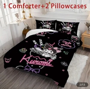 Kuromi Bedding Set Black Sanrio Kawaii Full Duvet Cover Pillowcases - Picture 1 of 7