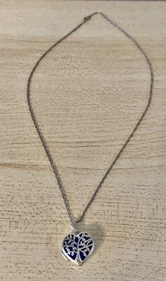 Collar de plata de ley 925 con medallón en forma de corazón y detalles azules de 17 pulgadas Foto 1 de 4