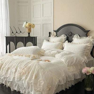 Bedding Set 4pcs Quilt Cover Flat Sheet Pillowcase Carved Milk Velvet Flowers - Image 1 of 4