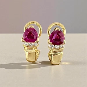 Vintage 14K Yellow Gold Trillion Lab Created Ruby & Diamond Earrings 3.38g - Picture 1 of 7