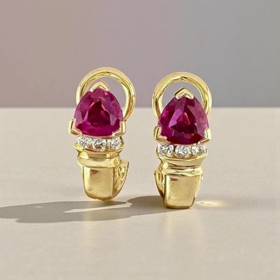 Vintage 14K Yellow Gold Trillion Lab Created Ruby & Diamond Earrings 3.38g - Image 1 of 4