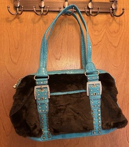 VINTAGE KATHY VAN ZEELAND FAUX FUR, FAUX LEATHER, RHINESTONE HANDBAG TEAL BROWN - Picture 1 of 16
