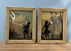 2 kleine Vintage konvexe Glas umgekehrt bemalte Angel Silhouetten Junge & Mädchen 30er 40er - Bild 1 von 7