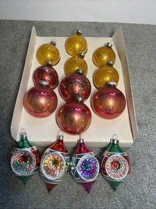 Menge 14 Vintage Quecksilber Glas Weihnachtskugeln Bernstein Gold Rot Kugel & Träne - Bild 1 von 6