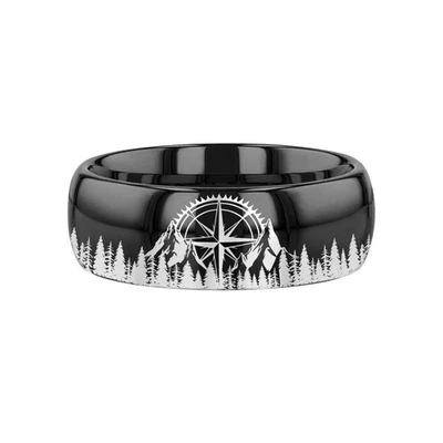 指南针结婚戒指,雕刻罗盘结婚戒指,山地钨带 8 毫米 — 第 1/4 张图片