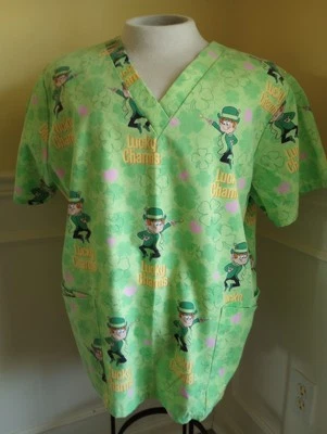 Lucky Charms Cereal Woman's XL Green Scrub Top Nurse Shirt Double Pockets - Image 1 of 4