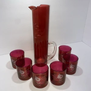 🌹Vintage Floral Etched Cranberry Glass Drinkware Lot of 12" Pitcher 6 Cup - Picture 1 of 6