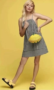 NWT Anthropologie Apron-Style Mini Dress Black & White Check W/Pockets Sz Large - Picture 1 of 10