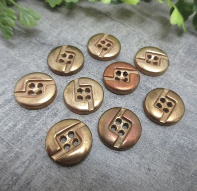 Flat Button Lot Of 9 Gold Copper Tone Metal Round 5/8 Inch 4 Hole Vintage - Image 1 of 4