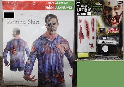 2-SET ZOMBIE CAMISA Y MAQUILLAJE XL X-Grande 40-42 Monstruo Halloween Adulto Hombre NUEVO Foto 1 de 4