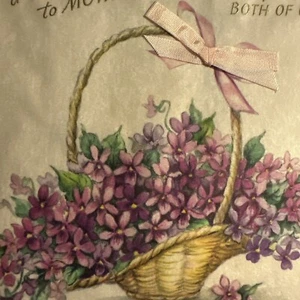 Vtg Valentine’s Day Card 1940s Hallmark Violets Basket Pink Ribbon Mother Father - Picture 1 of 6