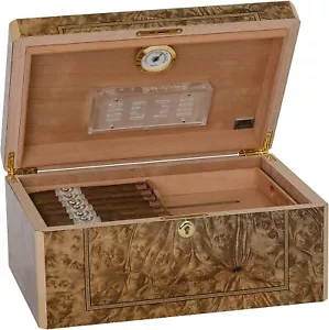 Humidor Supreme Solerno Medium Cigar Humidor Box, Rustic Burl Wood & Maple Inlay - Picture 1 of 7