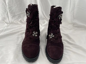 JIMMY CHOO Havana Flat Burgundy Suede BOOTS Floral Flower EU 36 1/2 - Picture 1 of 13