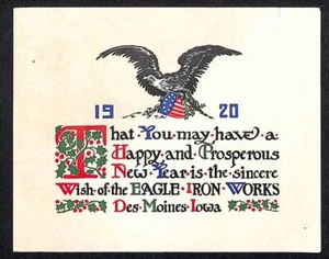 Des Moines Iowa Eagle Iron Works Neujahrsgrußkarte 1920 sehr guter Zustand Flagge Schild - Bild 1 von 2