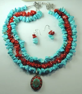 Statement 3 Strand Turquoise Howlite & Coral Necklace & Earrings Handcrafted - Picture 1 of 1