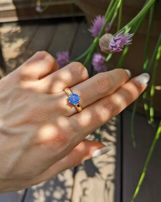 1.54Ct Round Natural Sapphire Solitaire Wedding Ring 14K Real Yellow Gold 6 7 8 - Image 1 of 4