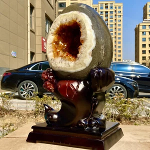 21.08LB  Natural citrine geode quartz cluster crystal Dinosaur egg +stand - Picture 1 of 19