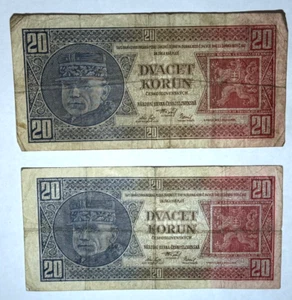 2 x 1926 Czechoslovakia 20 Twenty dvacet Korun, General Stefanik, 2 notes - Picture 1 of 2