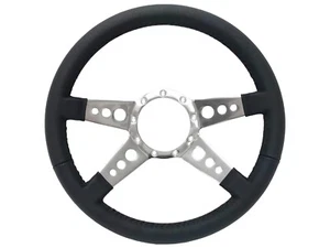 14" Black Leather 9-Bolt Steering Wheel, 4 Spoke Center with Holes - Picture 1 of 7